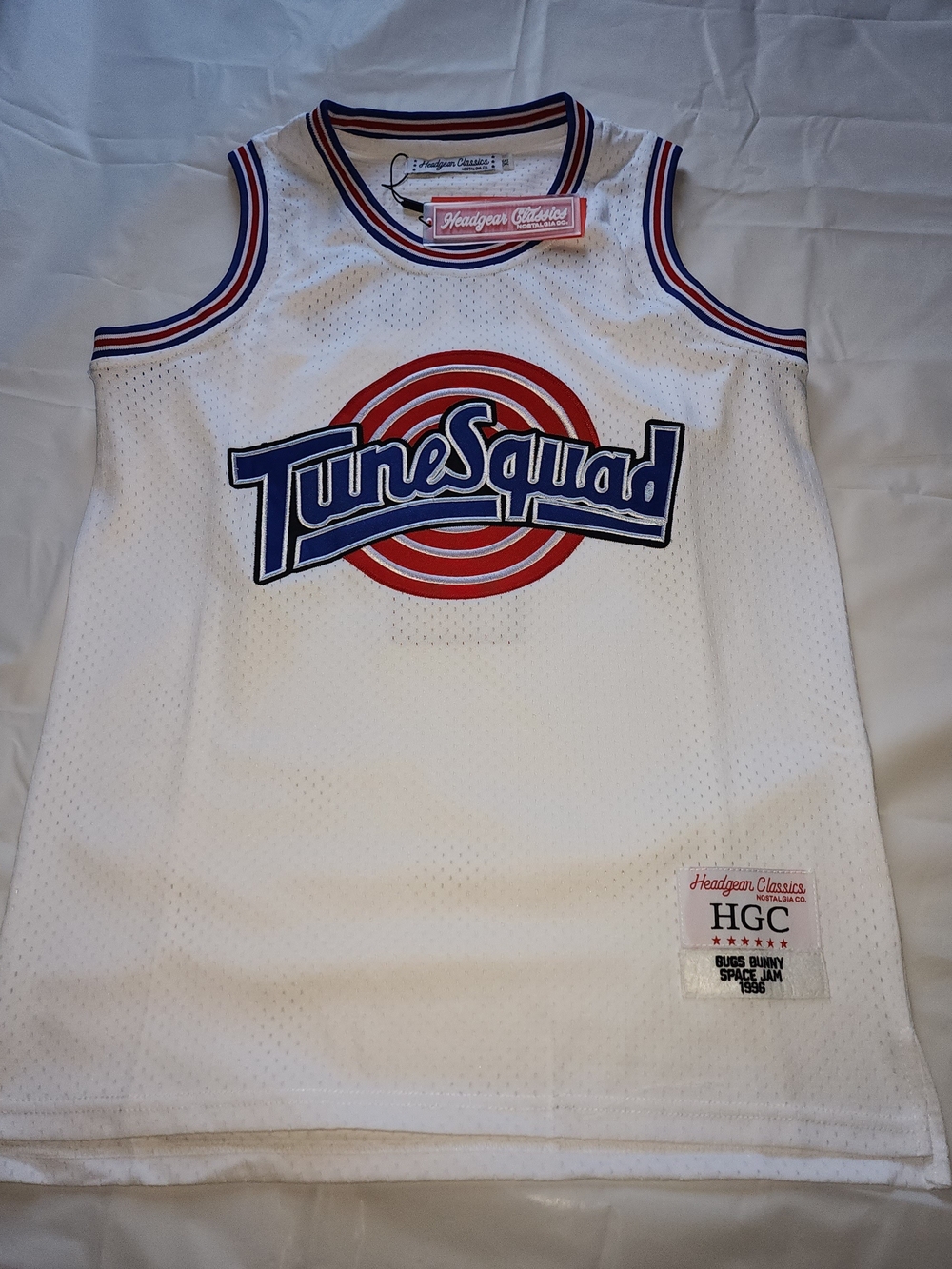 Headgear CLlassics Tune Squad White Basketball Jersey - Blue & Red Logo